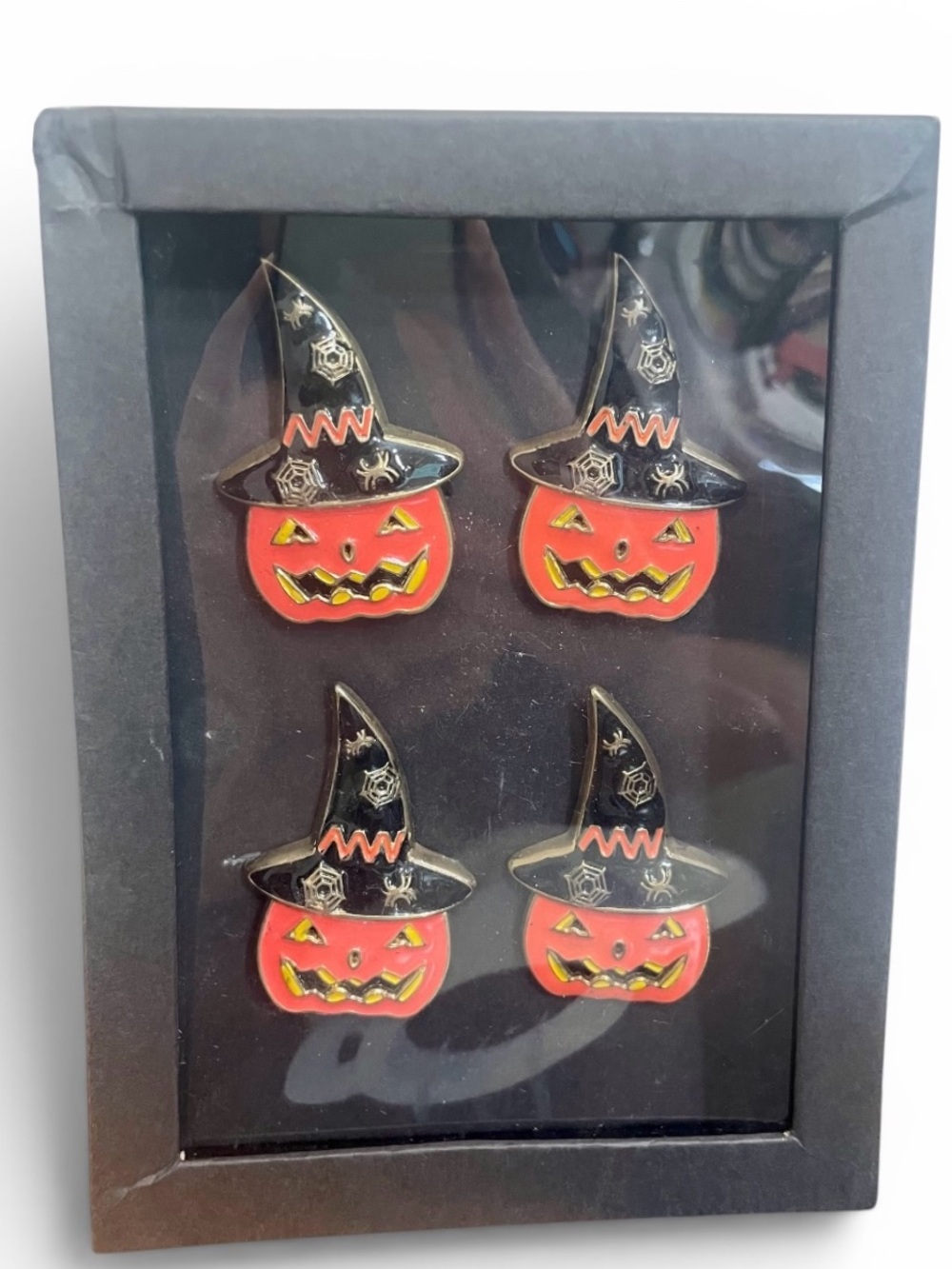 Tahari Halloween Enamel Pumpkin Jack-o-lantern Witch Hat 4 Pc Napkin Ring Set